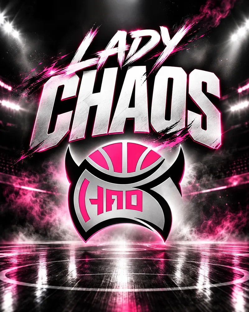 Lady Chaos — the Chaos mask in pink and silver over a lit court